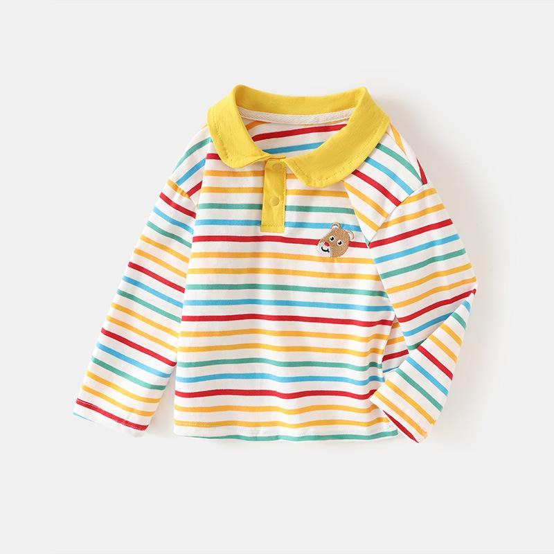 Infant children's t-shirt baby spring and autumn polo collar cartoon color strip autumn clothes boys and girls baby bottoming shirt