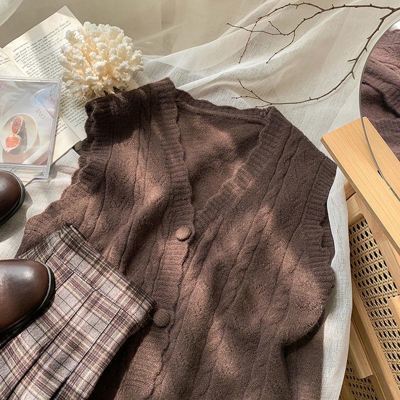 

Женский ретро трикотажный кардиган без рукавов - Модный топ в стиле кэжуал для осени/зимы XL (recommended 120-135 jin) кофейный