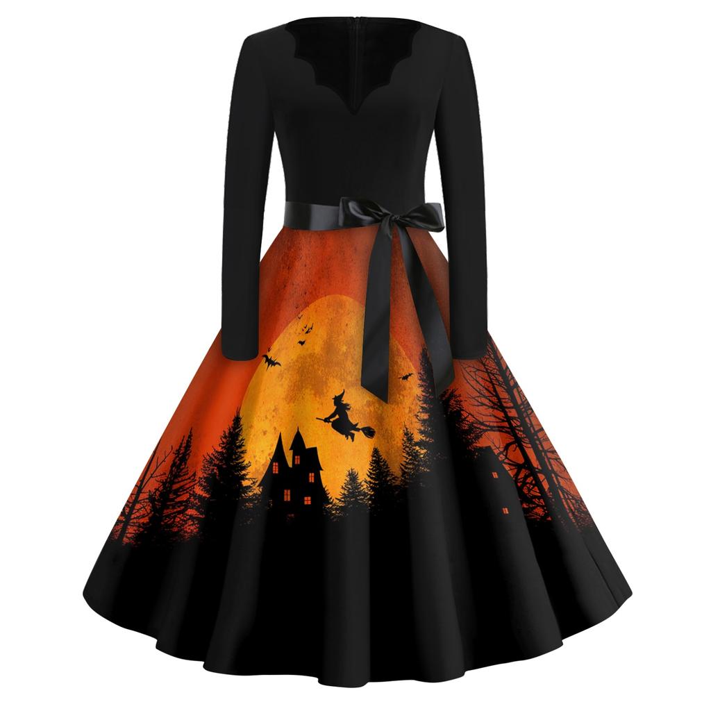 Women's Vintage Halloween Print V-Neck Dress, Casual Party Outfit for Celebrations