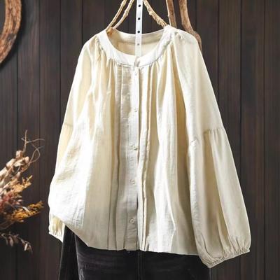 Women Spring Vintage Shirts Button Solid Color Blouses Loose O-Neck Long Sleeve Casual Female Shirts