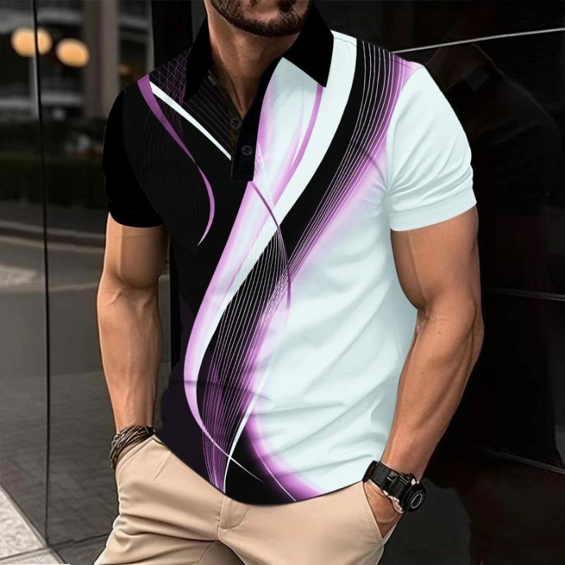 Men's Casual Polo Shirt Printed Collar Button Business Color Blocked Versatile T-shirt