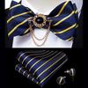 Bowtie Set for Men Blue Striped Self-tied Bowtie with Tassel Brooch Pin Tie Hanky Cufflinks Dibangu