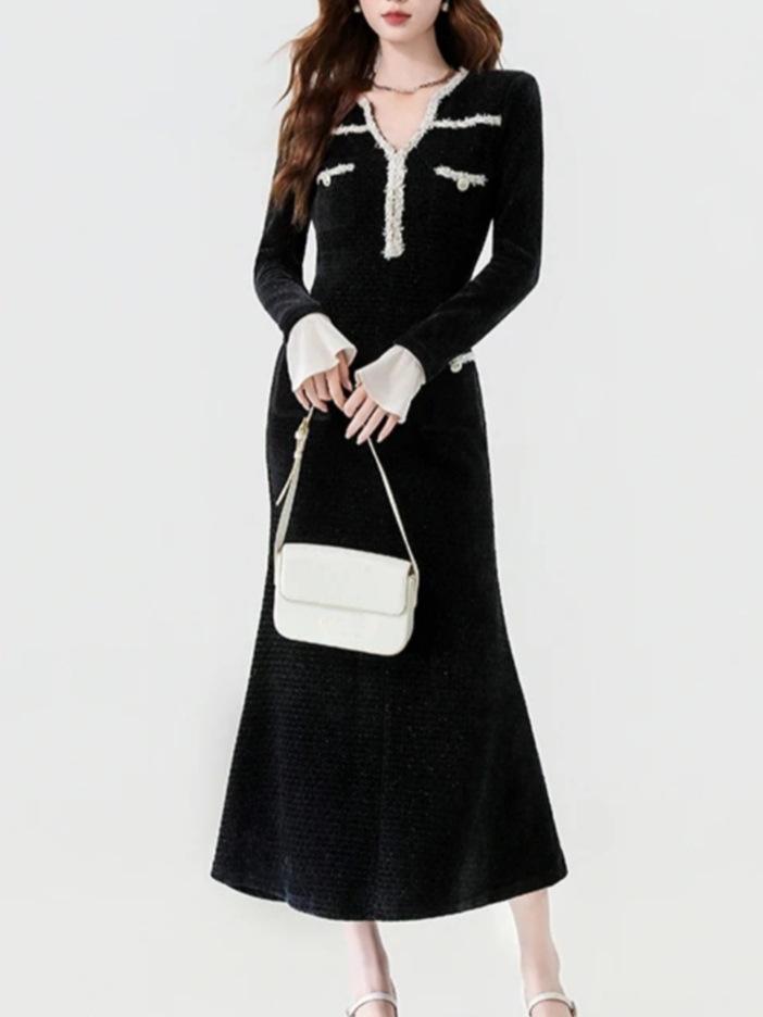 

Chic Black V-Neck Bell Sleeve Fishtail Dress L чёрный