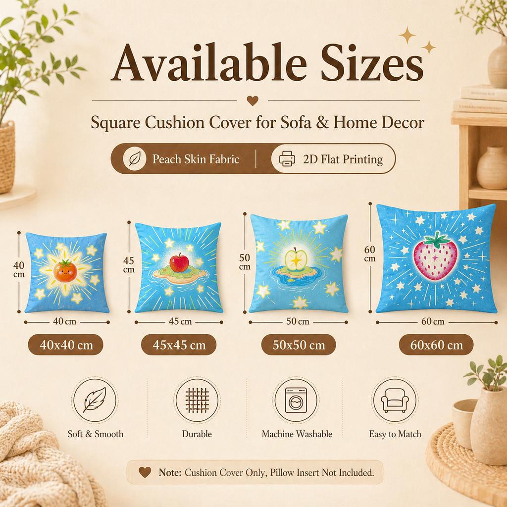 2D Flat Printed Cute Fruit Apple Strawberry Starry Blue Pillow Cover Soft Peach Skin Throw Cushion Case Living Room Bed Decor