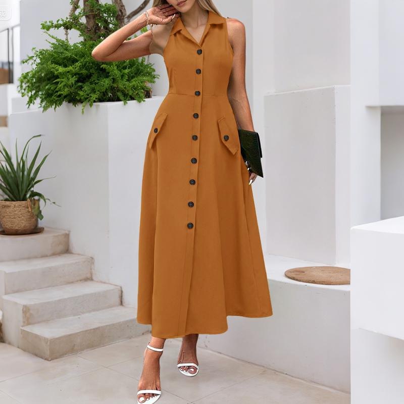 ZANZEA Women Summer Turn Down Collar Casual Sleeveless Long Dress