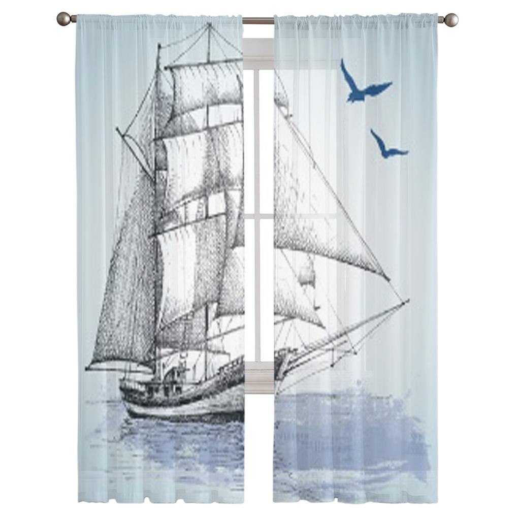 Boat Drawing Tulle Sheer Curtains for Living Room Decoration Curtain for the Room Bedroom Kitchen Voile Organza Curtains