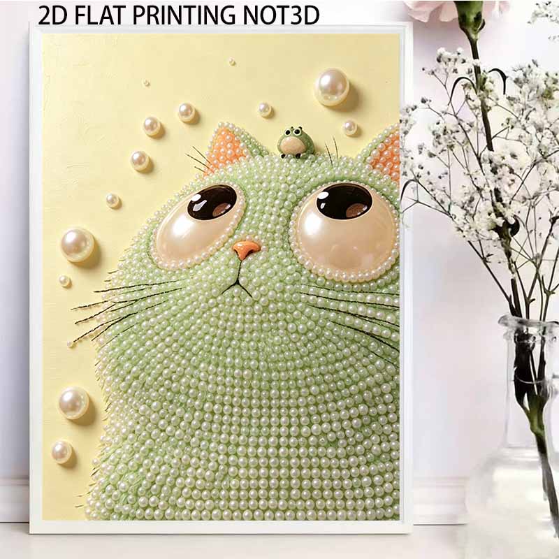 Easy DIY Framed Pearl Bead Painting Kit with Green Cat and Frog 3D Sparkling Canvas Art for Home Decoration Creative Gift Idea Handmade