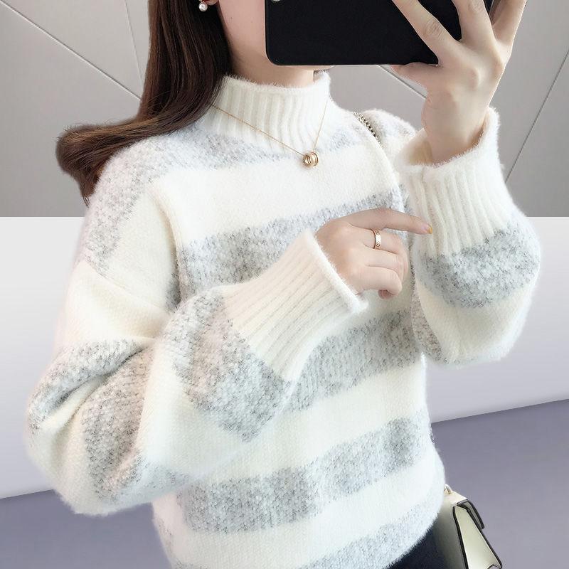 Turtleneck Striped Sweater Women's Autumn and Winter New Loose Outer Wear Casual Imitation Mink Velvet Knitted Sweater Tide