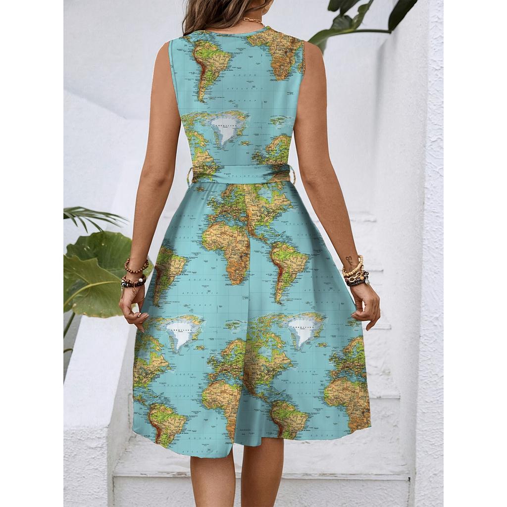 Women's Spring And Summer Casual V-Neck Sleeveless Waist Floral Print Midi Dress