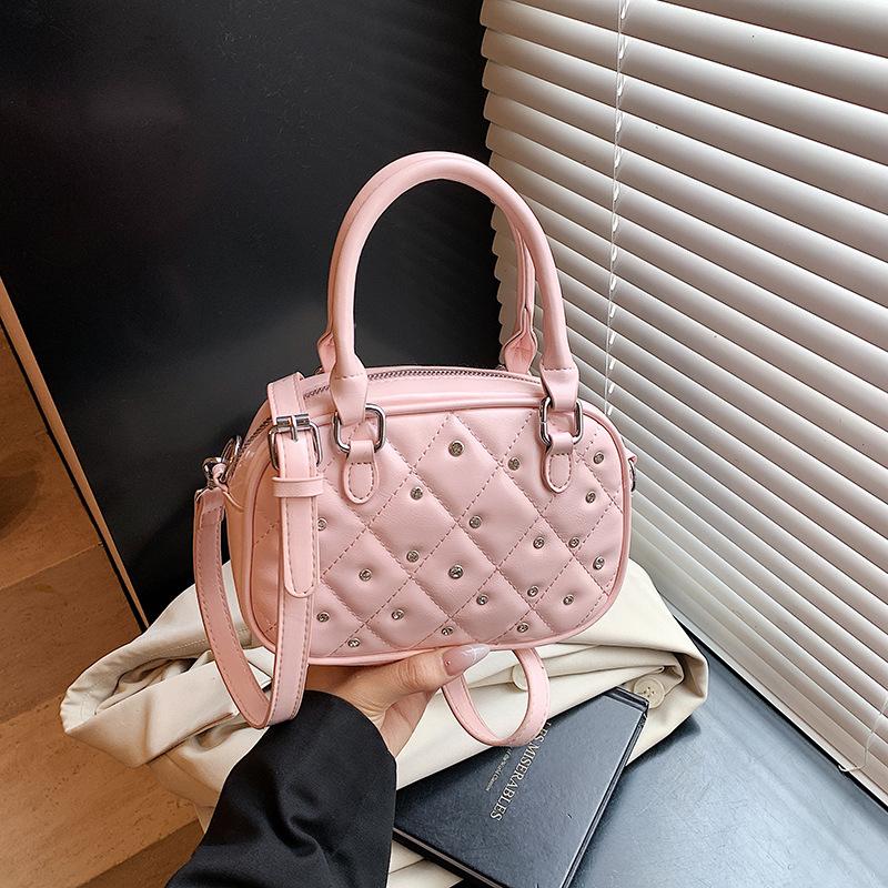 

Rhombus diamond-encrusted small bag, bowling bag, new handbag, shoulder messenger bag. рожевий