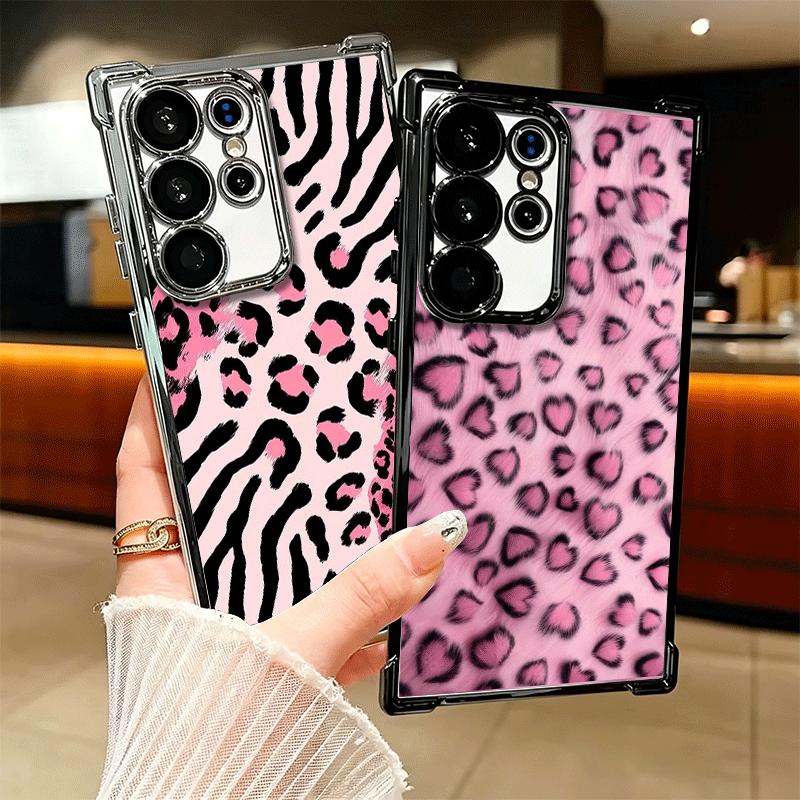 Pink Leopard Print Soft Phone Case For Samsung Galaxy S26 Ultra S25 Edge S24 FE S23 Plus S22 S21 + S20 Plating Anti-Fall Fundas