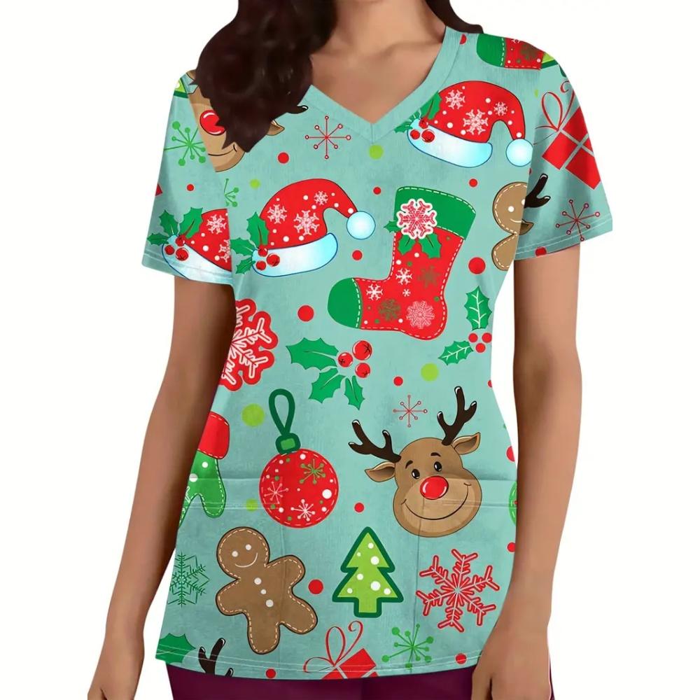 New Christmas Surgical Uniforms Woman Vet Dental Medical Uniform Microstretch V-Neck Short-Sleeve Tops Women's Medical Uniforms