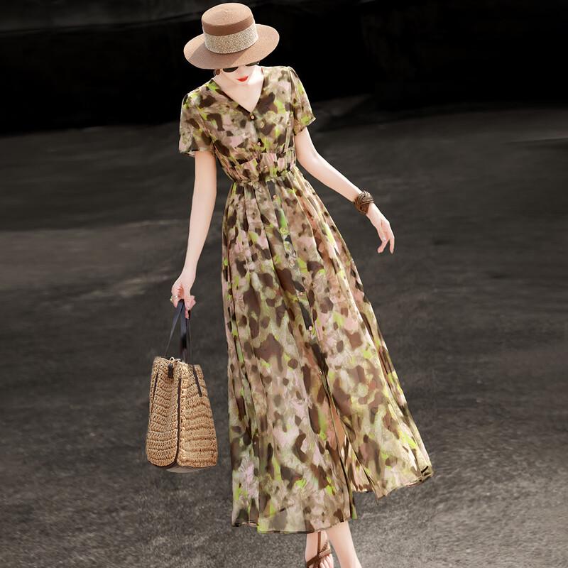 Lanse er 2026 Summer V-Neck Oil Painting Print Chiffon Dress XL