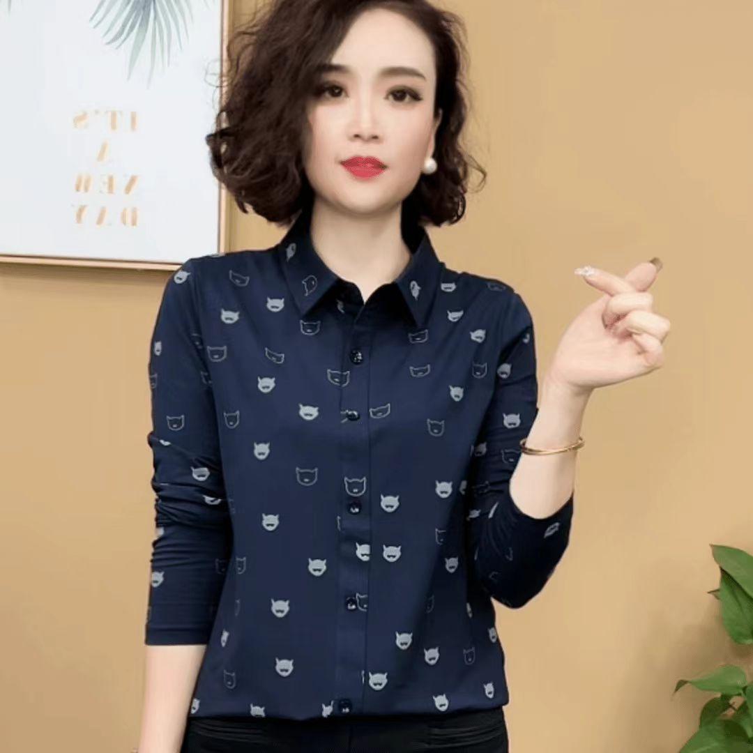 

2025 autumn new shirt women s long-sleeved fashion temperament printed loose and thin lapel women s versatile top M синий