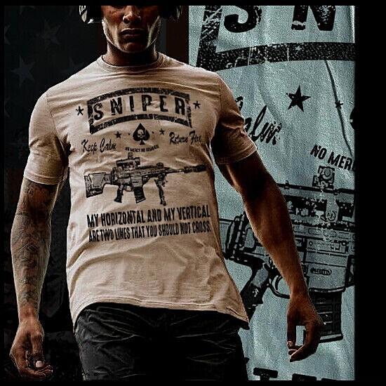 

Sniper T-Shirt Military crossed rifle Expert Marksmanship my horizontal line tee L