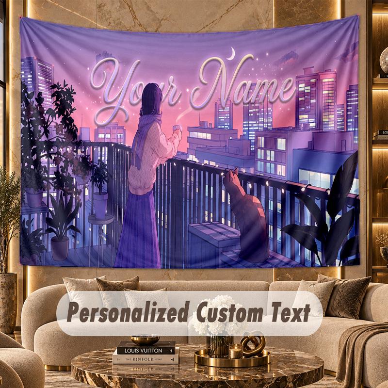 City Cyberpunk (180) Theme Personalized Tapestry Custom Name Text Wall Hanging Tapestry Home Background Decoration