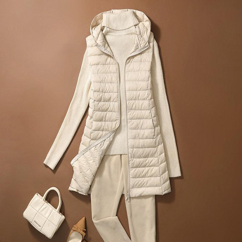 

Модная женская куртка без рукавов Женская зимняя куртка из легкого белого утиного пуха Приталенный пуховик Жилет Портативное ветрозащитное пуховое пальто XS бежевый