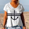 Summer Striped Anchor 3D Print T-Shirts Women V-Neck Short Sleeve T Shirt Y2k Harajuku Tees Casual Loose Tops Female Clothing