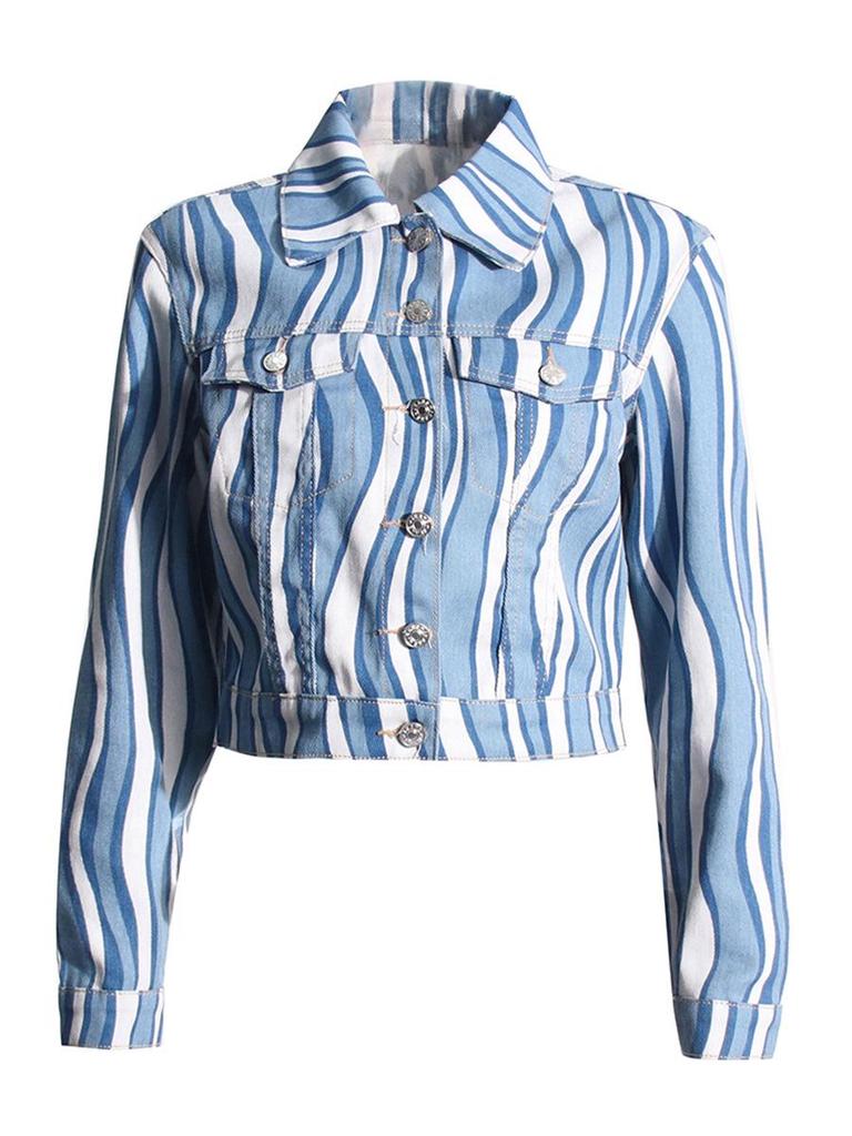 Spicy Girl Autumn 2026 Lapel Print Cropped Denim Jacket for Women