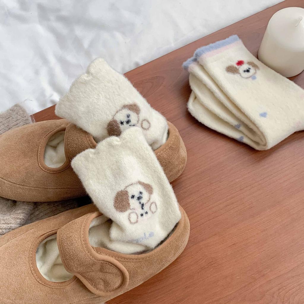 Rosa Welpen Plüsch Socken Wintersocken Plüsch Verdickt Warm Nahtlos Mittelrohr Zuhause Cartoon Schlaf Socken