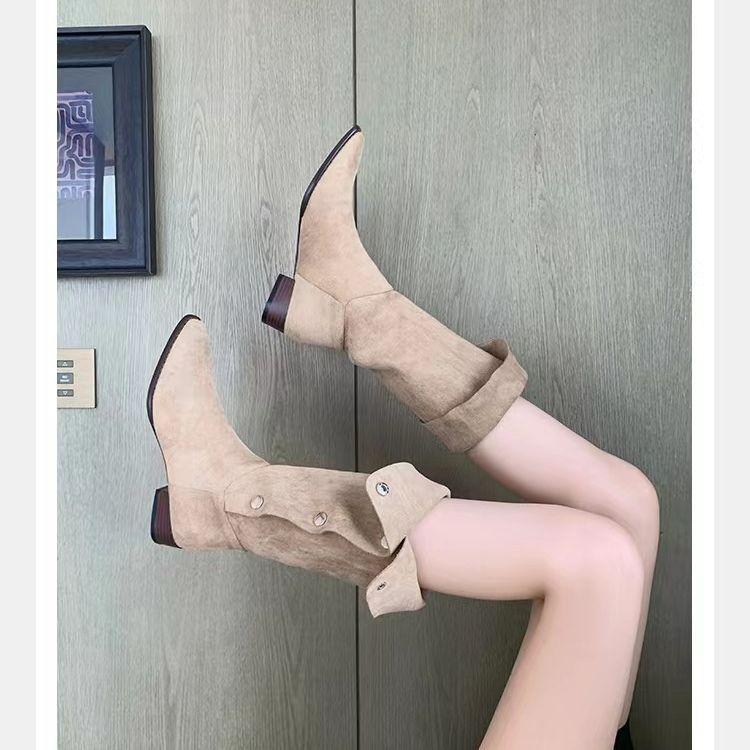 

Cowhide grape ma western cowboy boots women s niche design pointed pleated pile boots retro knight boots 35