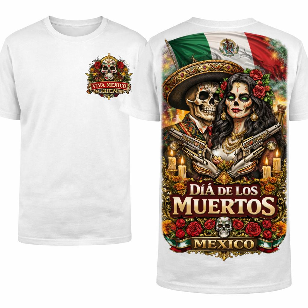 Viva Mexico Dia De Los Muertos Sugar Skull Couple Mexican Flag Graphic Unisex T-Shirt L