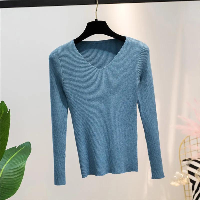 Women Sweater Autumn Long Sleeve Pullover Basic Top Fashion V-neck Elastic Female Winter Solid Knitted Jumper Sweater