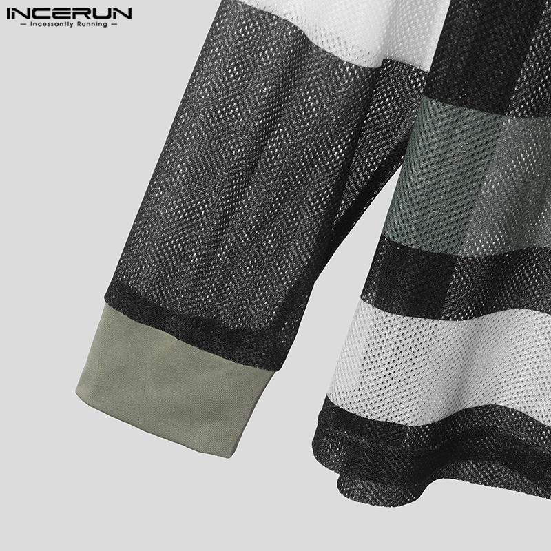 INCERUN Men Long Sleeve Letter Print Mesh Sheer T-shirts Tops 