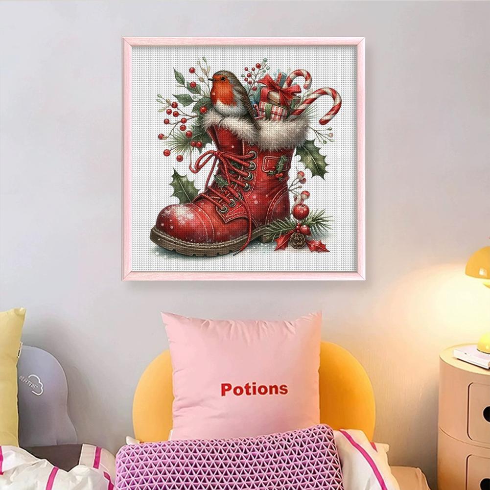 Red Boots Bird Full 11CT DIY Counted Cross Stitch Kits for Adults Home Decor Cross Stitch Patterns Arts Craft Kits 15.75x15.75in