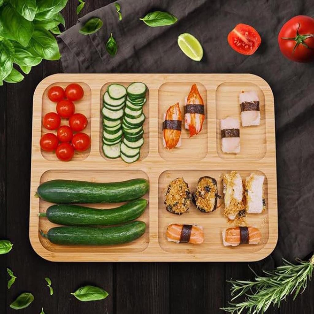 Bamboo Serving Tray Platter Appetizer Plate Countertop Decoration Multi Compartment Breakfast