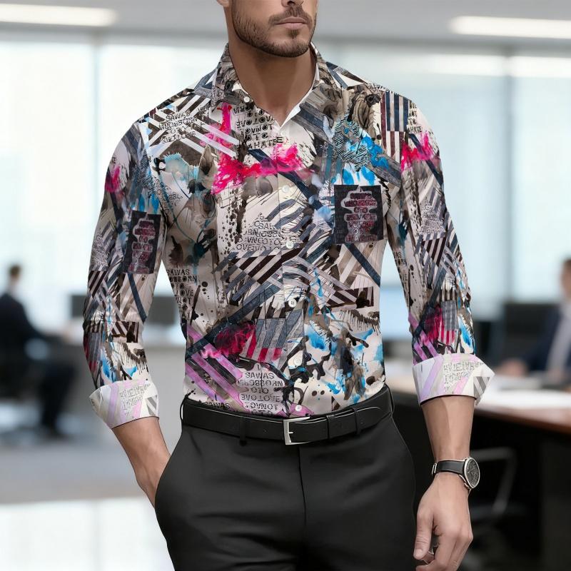 Men's Shirt Spring and Autumn New Style Men's Abstract Printed Long Sleeved Shirt Business Casual Slim Fit High-quality Shirt