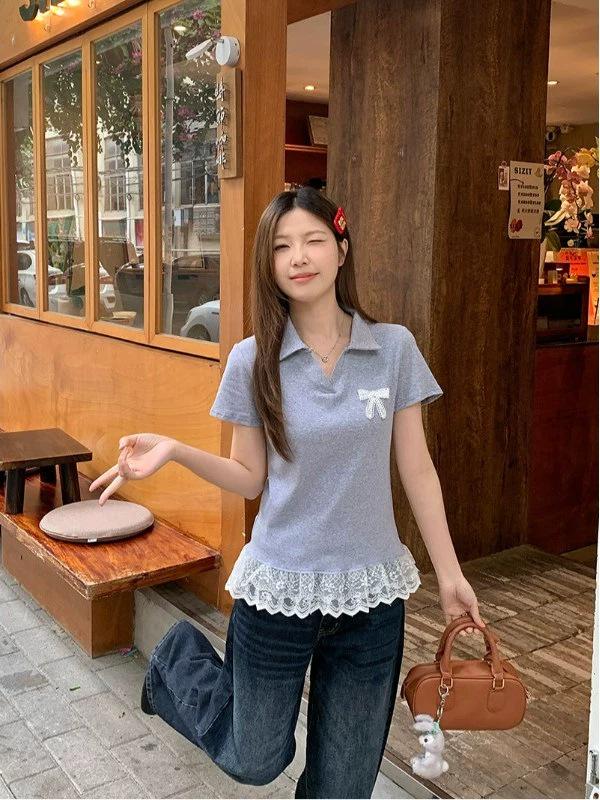 

Женская летняя футболка большого размера с кружевной вставкой, коротким рукавом и воротником поло - Сладкий и пикантный стройнящий повседневный топ 4XL серый