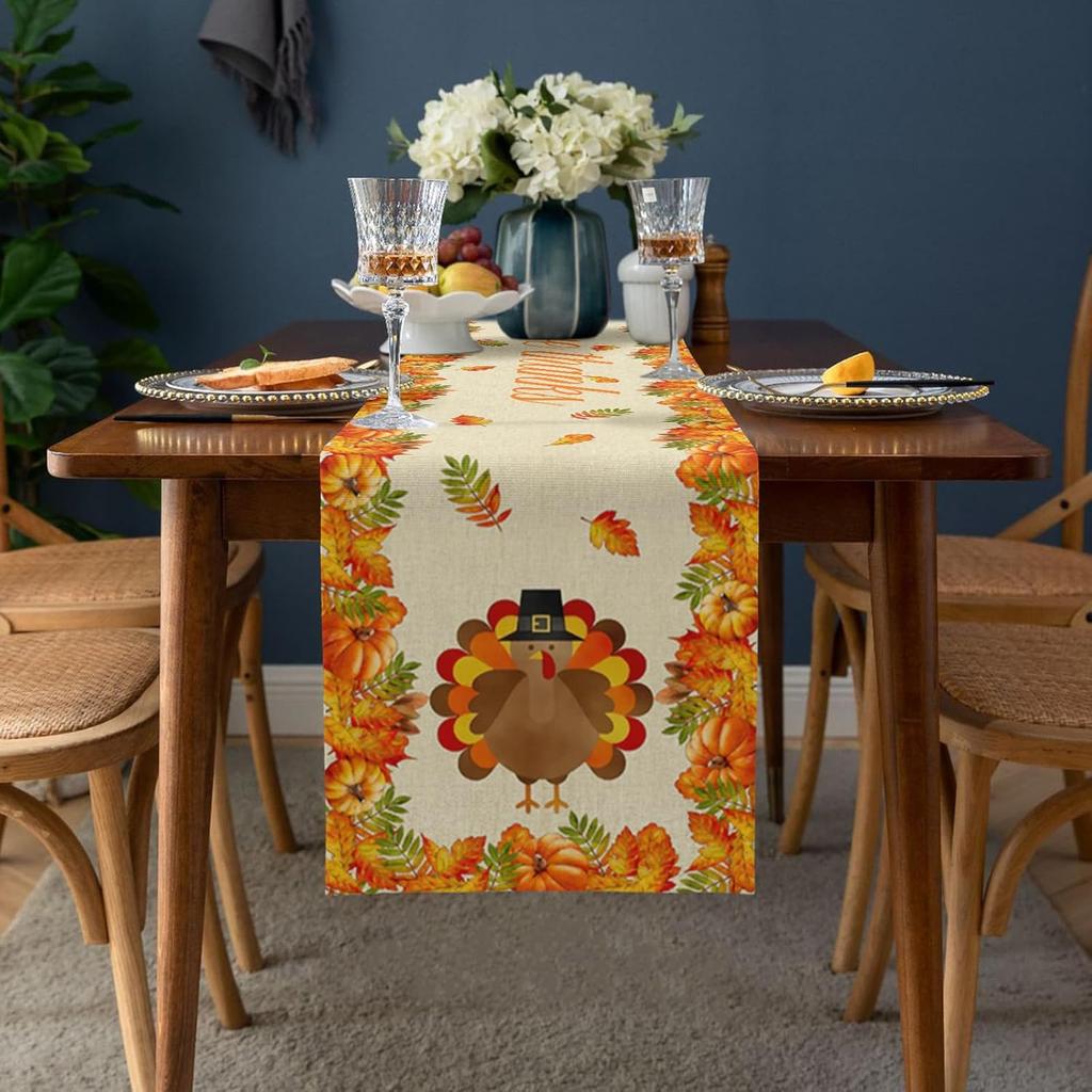 Fall Maple Leaf Pumpkin Turkey Linen Table Runner Party Decor Reusable Kitchen Dining Table Runner Thanksgiving Decorations