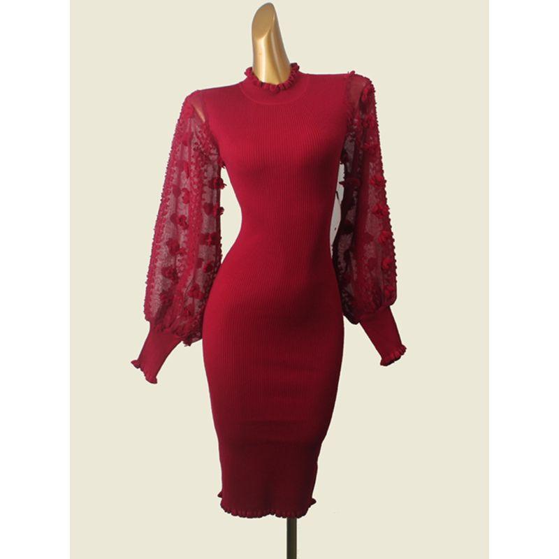 

Fungus Small Stand-up Collar Puff Sleeve French Knitting Dress Export USA Mesh Patchwork Socialite Bodycon Dress Black 2XL