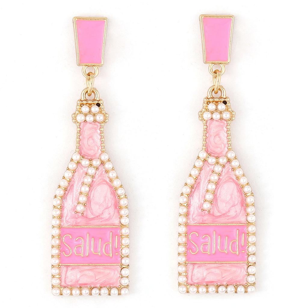 European and American new fashion personality cute wine bottle dripping oil alloy earrings creative design letter inlaid pearl earrings