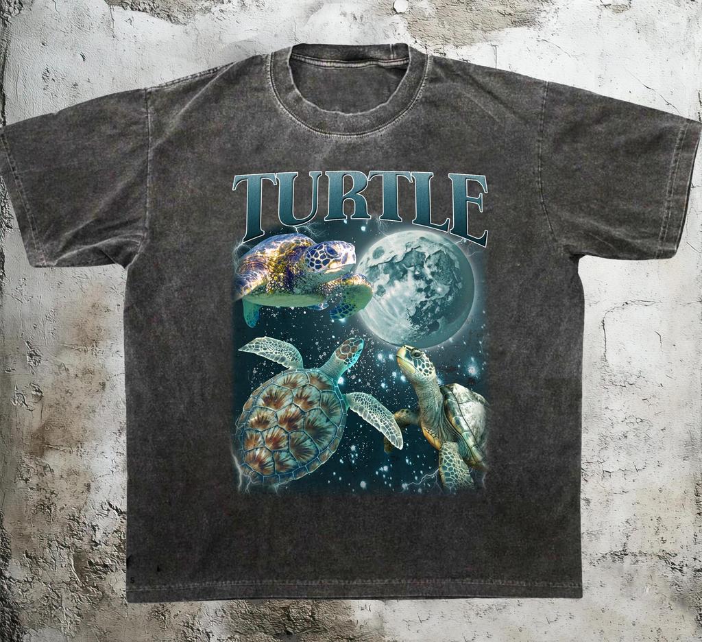 Three Turtles Vintage 90s Graphic T-Shirts, Retro Turtle Moon T-Shirt, Funny Galaxy Ocean Tee