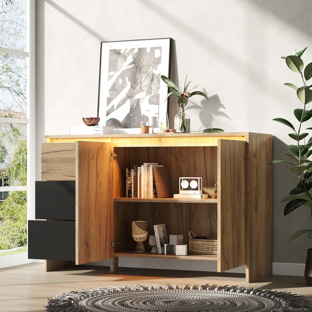 Sideboard, Kitchen Cabinet, Dresser with 3 Drawers and 2 Doors, Multicolor LED Lighting Effects, W:120 x H:76 x D:40 cm, Wood Color&Black