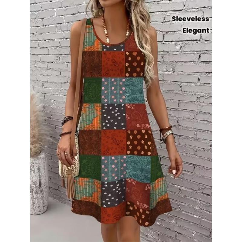 Women's Wave Grid Printed Sleeveless Round Neck Dress Loose Soft and Comfortable Plus Size Dress