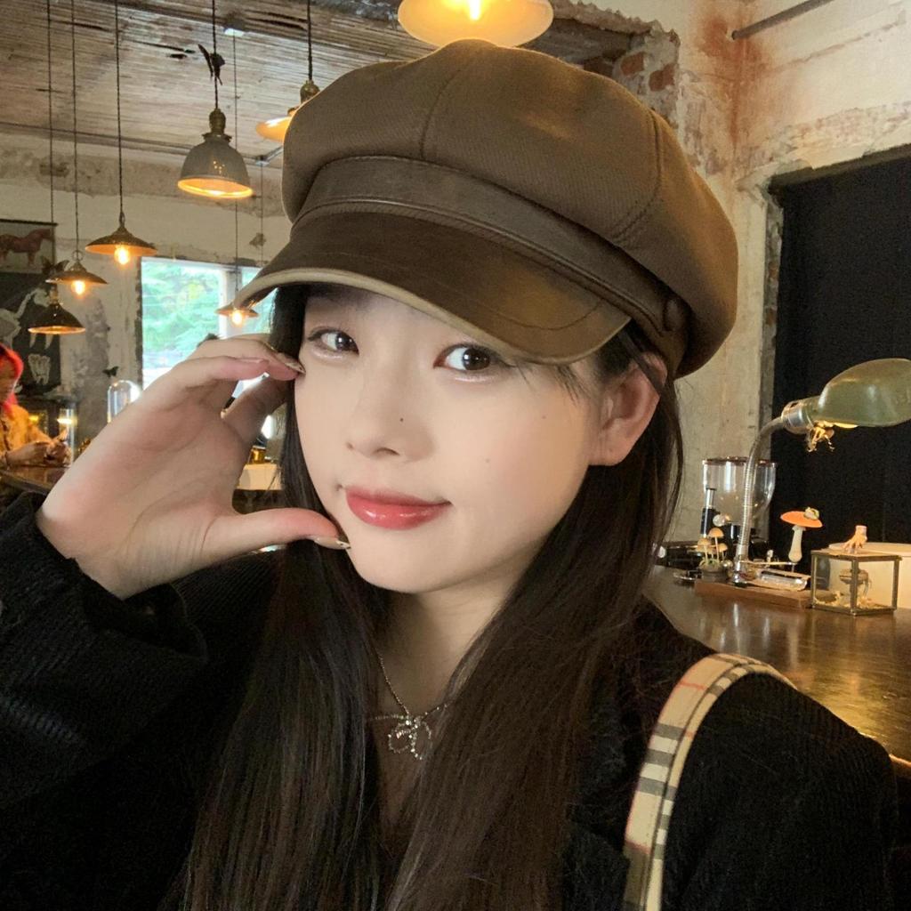 Retro Style Distressed Leather Octagonal Hat Chic Style Face showing Versatile Bailey Newsboy Hat for Women