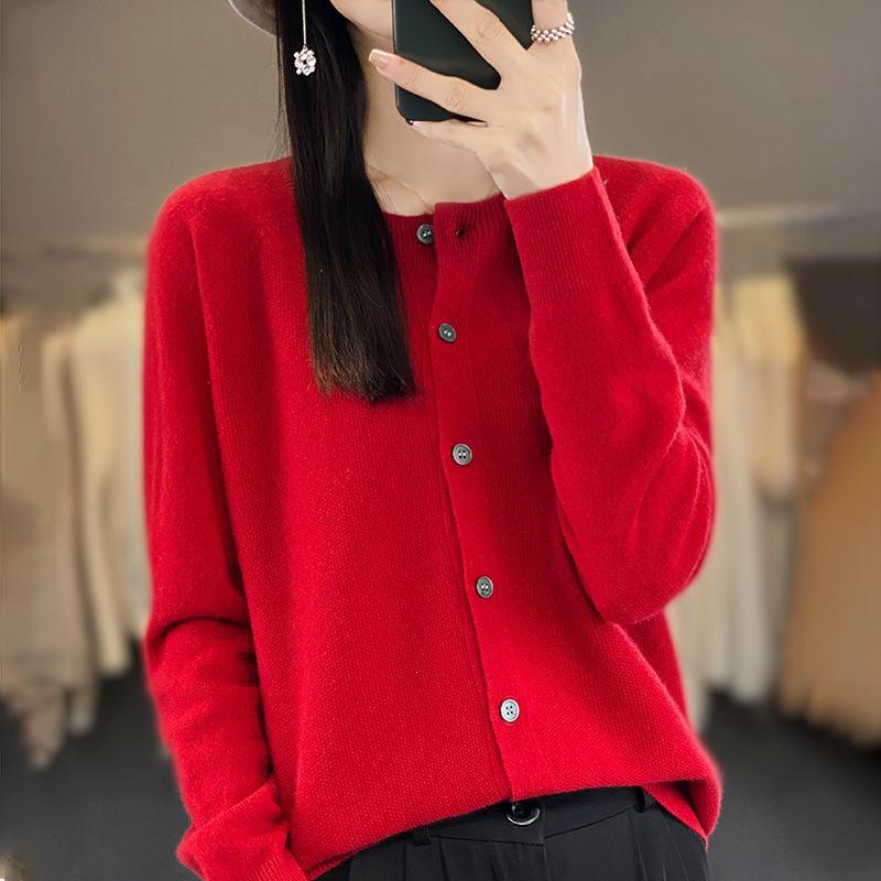Women's Osmanthus Stitch Wool Cardigan - Round Neck, Loose Fit, Button-Up, Casual Knitwear Outerwear