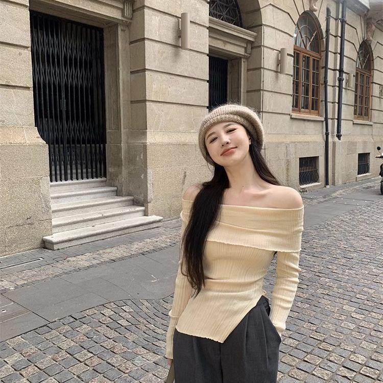 Women's Sexy One-Shoulder Long Sleeve Knitted Sweater - Slim Fit, Irregular Hem, Short Top for Autumn and Winter
