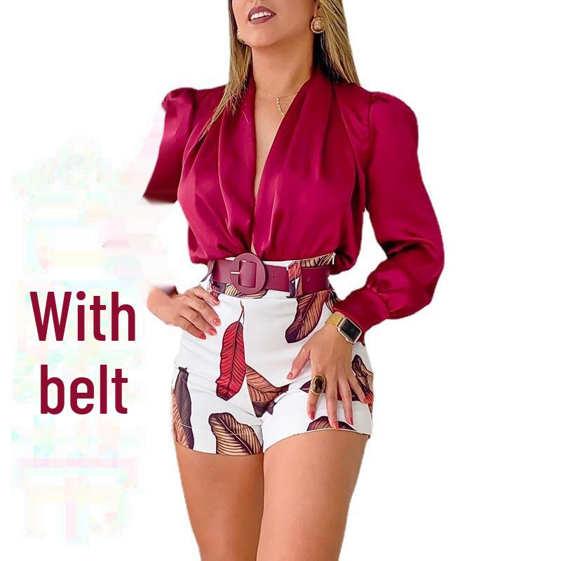 

Весна 2024 г., женская повседневная рубашка с V-образным вырезом, длинными рукавами и принтованными шортами M