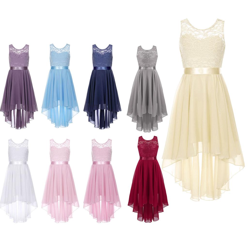 Dětské Dívčí krajkové květinové šaty s vysokým nízkým lemem a hedvábným pasem Květinové dívčí šaty Kostýmy pro družičku