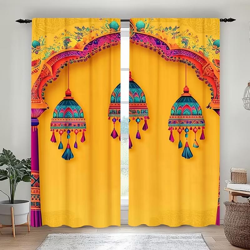 2PcsRetro patterned pendant print curtains,suitable for bedroom,living room kitchen decoration,home decoration,window decoration