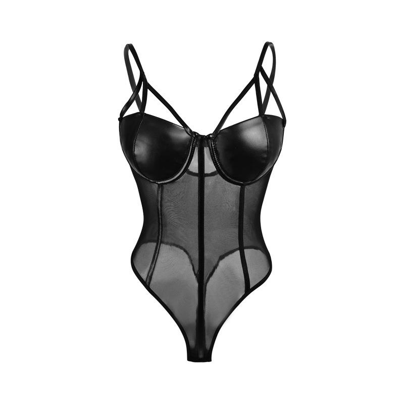 Sex uniform perspective tight sexy temptation wild suspender leather fun onesie