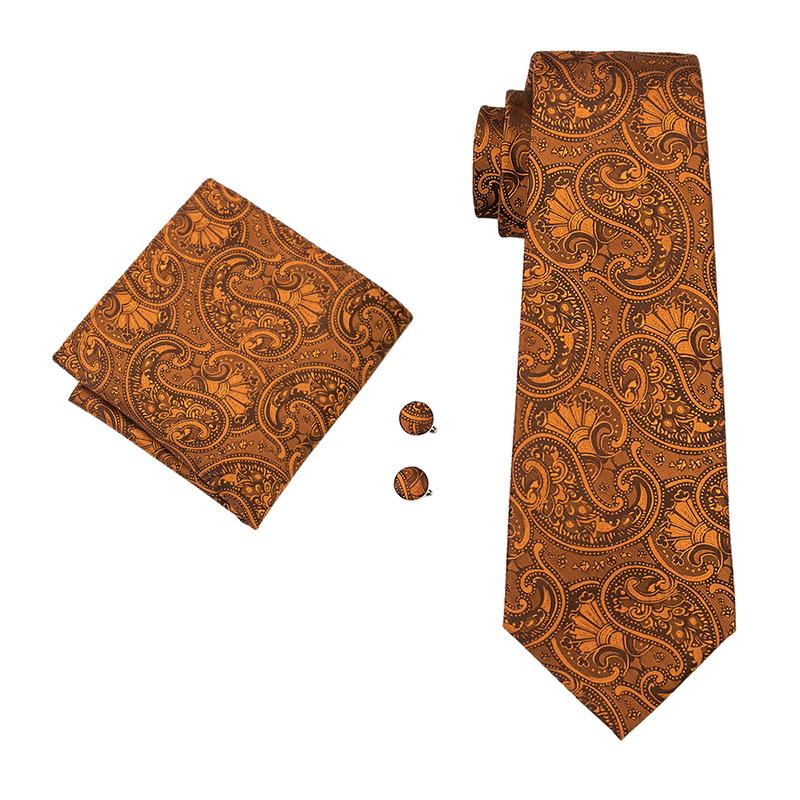 Dibangu Ties for Men Orange New Design Silk Tie Mens Necktie Hanky Cufflink Alloy Ring and Tie Tack Pin Set for Formal Party