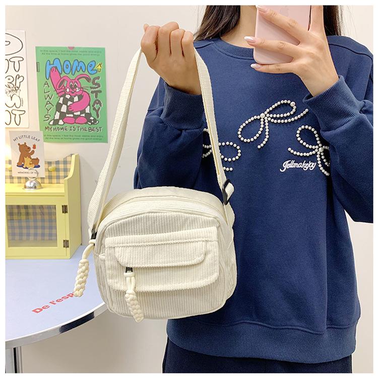 Vintage Corduroy Crossbody Bag for Students: Japanese Style, Versatile, Canvas, Small Phone Holder