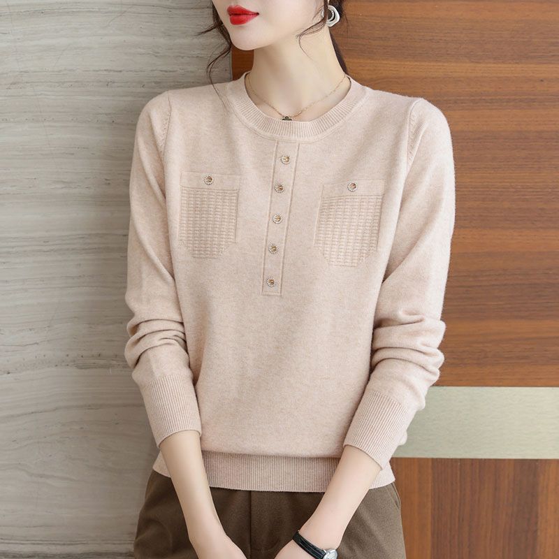 Pullover tröja rund halsad topp dam vår och höst västerländska lösa ytterkläder med tröjor och stickad tröja