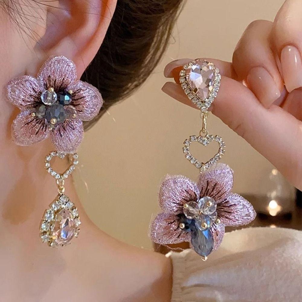 Elegant Flower Rhinestone Earrings Crystal Vintage Earrings Sweet Flower Drop Earrings  Party