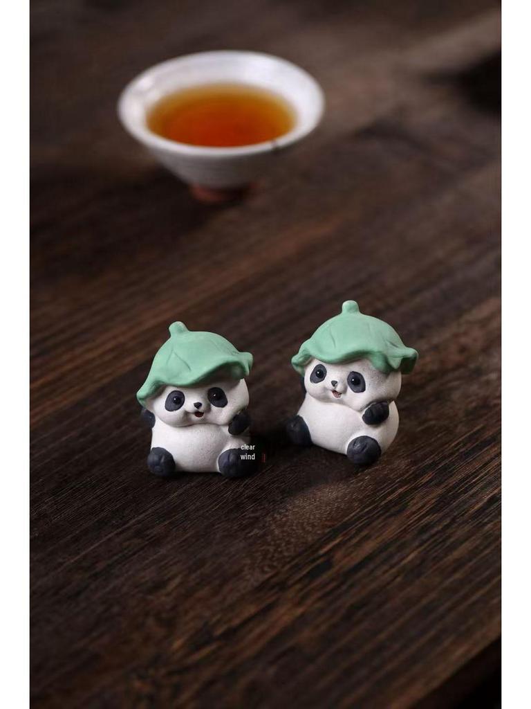 Yixing Zisha Lotus Leaf Panda Tea Pet Ornament for Tea Table Decor, Handmade and Adorable